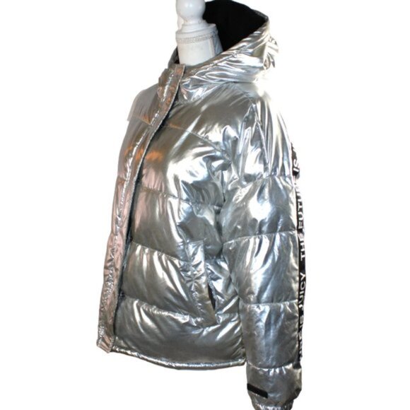 Juicy Couture Black Label Gloss Silver Graphic Puffer Hooded Coat, Size Large - Picture 6 of 10